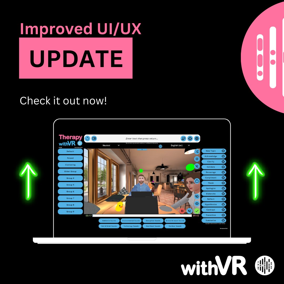 withVR (@withvrapp) on Twitter photo UPDATE: Improved UI/UX inside speaking situations
The new look focuses on one thing: speed
Now, users of Therapy withVR can really quickly choose what will happen next in their speaking situations!
Have you tried it yet?
Email us at hello@withvr.app to learn more! UPDATE: Improved UI/UX inside speaking situations
The new look focuses on one thing: speed
Now, users of Therapy withVR can really quickly choose what will happen next in their speaking situations!
Have you tried it yet?
Email us at hello@withvr.app to learn more!