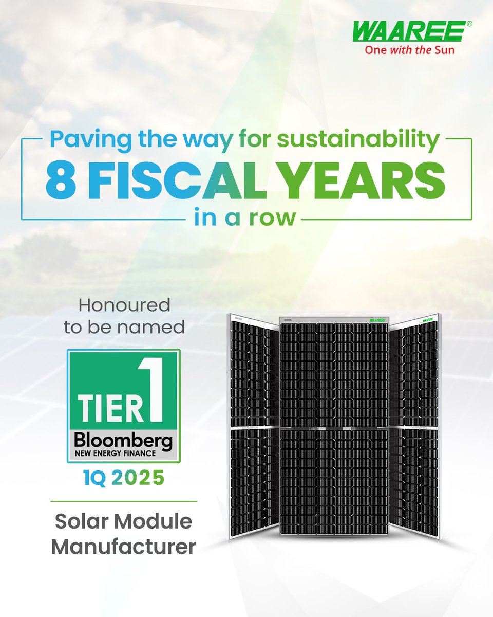 A legacy of leadership—honored for the 8th consecutive fiscal year! Waaree is proud to be recognized once again as a Bloomberg Tier 1 Solar Module Manufacturer. This achievement reflects our commitment to excellence and innovation in solar energy.

#SolarManufacturer  #Waaree