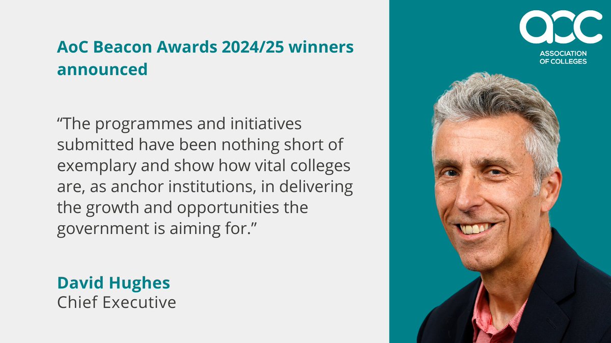 "This year’s Beacon Awards show the profound impact colleges have on students, their communities and the economy," says <a href="/AoCDavidH/">David Hughes CBE</a> , AoC Chief Executive.

Read more here:
aoc.co.uk/news-campaigns…