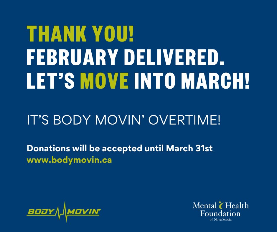 February was incredible! A huge THANK YOU to everyone who has moved, fundraised, and donated so far. But we’re not stopping yet! 

Let’s move into March and keep the momentum going!

Donations will be accepted until March 31st.
Donate today at bodymovin.ca