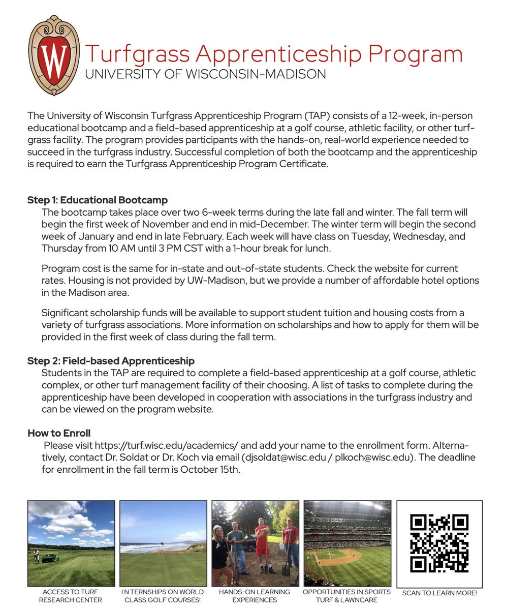 Paul Koch (@plkoch2) on Twitter photo Enrollment for the 2025-2026 UW-Madison Turfgrass Apprenticeship Program that begins in November is now open! The class is capped at 22 students and we already had 5 enroll over the weekend! <a href="/djsoldat/">Doug Soldat</a>
For more info: turf.wisc.edu/tap/
To enroll: charge.wisc.edu/plantpath/appr… Enrollment for the 2025-2026 UW-Madison Turfgrass Apprenticeship Program that begins in November is now open! The class is capped at 22 students and we already had 5 enroll over the weekend! <a href="/djsoldat/">Doug Soldat</a>
For more info: turf.wisc.edu/tap/
To enroll: charge.wisc.edu/plantpath/appr…