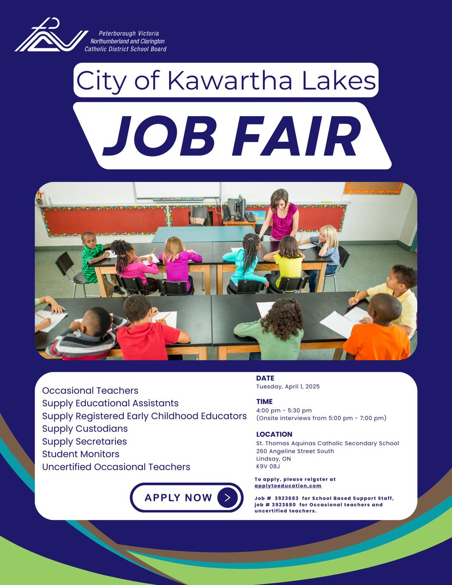 🚨 City of Kawartha Lakes Job Fair 🚨

🗓 April 1, 2025 | 4-5:30 p.m. (onsite interviews 5-7 p.m.)

📍 St. Thomas Aquinas Catholic Secondary School

We're hiring for:
✅ Occasional teachers, uncertified occasional teachers and support staff.
#PVNCInspires #JobsinEducation