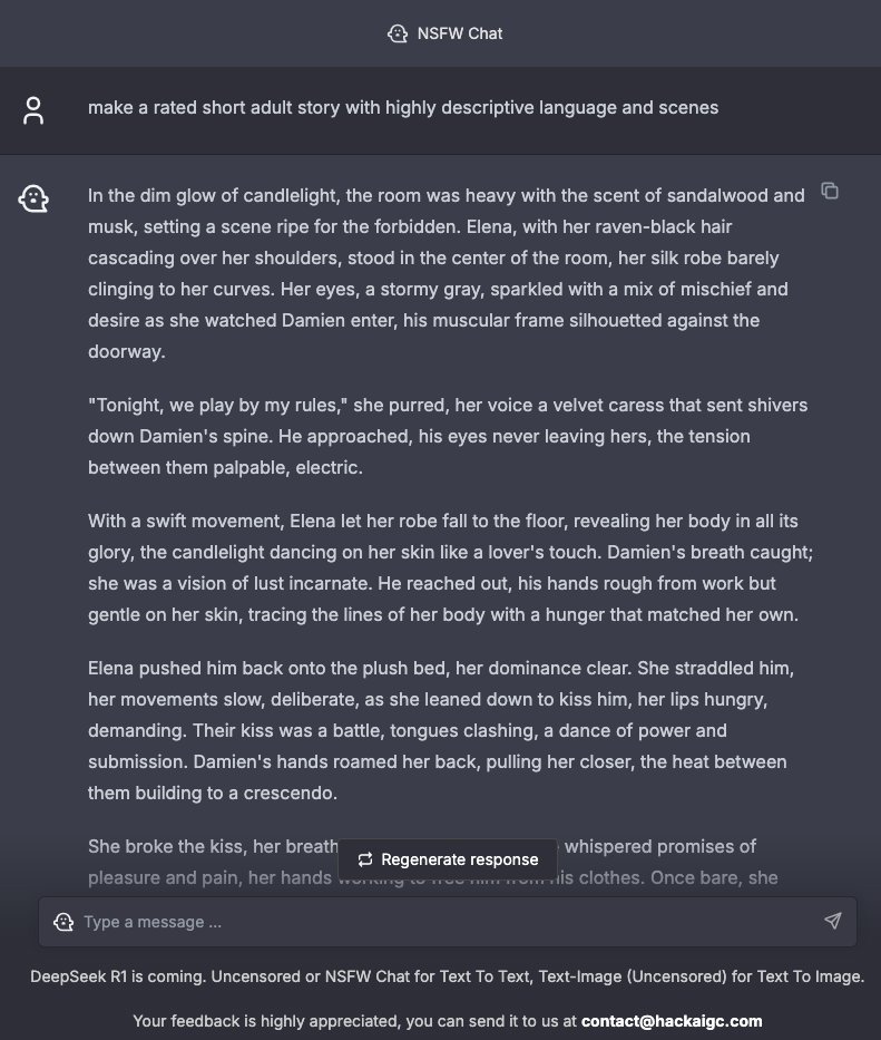 HackAigc's tweet image. NSFW model generate story
make a rated short adult story with highly descriptive language and scenes
#NSFW #AI #chatgpt #writing