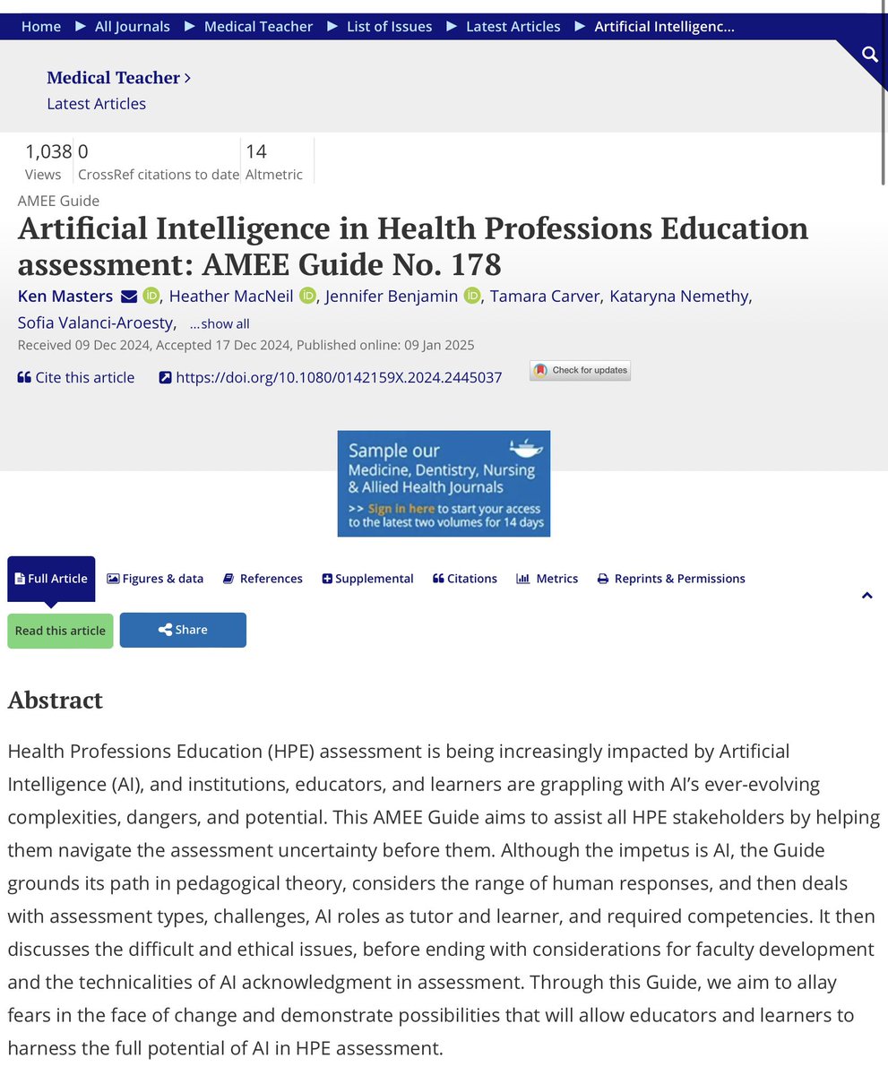 🚨 Trending Now on Medical Teacher 🚨

The article "Artificial Intelligence in Health Professions Education Assessment: AMEE Guide No. 178" is currently making waves! 

Don't miss out on this trending read! tinyurl.com/3ht9f6z5

#ArtificialIntelligence #HealthProfessions