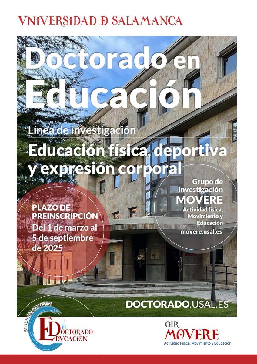 Movere USAL (@movereusal) on Twitter photo 🤔¿Estás pensando en realizar estudios de Doctorado en Educación? ➡️ Línea de investigación en Educación física, deportiva y expresión corporal. 📅¡Ya esta abierta la preinscripción para el curso 2025-2026! <a href="/usal/">Universidad de Salamanca</a> <a href="/doctoradoUSAL/">Escuela Doctorado USAL</a> <a href="/MovereUsal/">Movere USAL</a> 🤔¿Estás pensando en realizar estudios de Doctorado en Educación? ➡️ Línea de investigación en Educación física, deportiva y expresión corporal. 📅¡Ya esta abierta la preinscripción para el curso 2025-2026! <a href="/usal/">Universidad de Salamanca</a> <a href="/doctoradoUSAL/">Escuela Doctorado USAL</a> <a href="/MovereUsal/">Movere USAL</a>