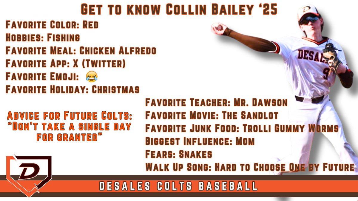 Colts Baseball (@desalesbball) on Twitter photo 🟤🟠Senior Spotlight🟠🟤
14 Days until Game 1!
Over the next two weeks we will take time to highlight our 14 seniors.
First up: Collin Bailey
<a href="/MUSpartans/">Manchester University Athletics</a> commit 🟤🟠Senior Spotlight🟠🟤
14 Days until Game 1!
Over the next two weeks we will take time to highlight our 14 seniors.
First up: Collin Bailey
<a href="/MUSpartans/">Manchester University Athletics</a> commit