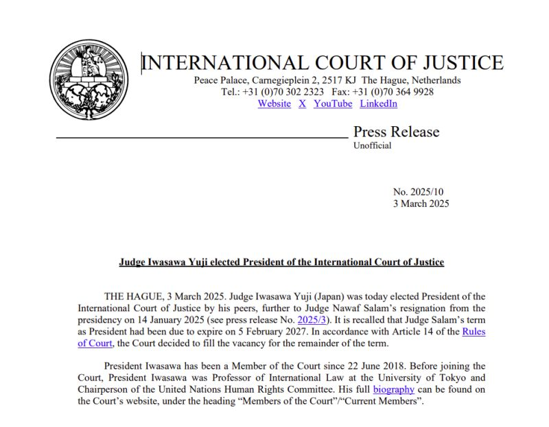 PRESS RELEASE: HE Judge Iwasawa Yuji (#Japan) was today elected President of the #ICJ by his peers, for a term expiring on 5 February 2027. 
go.icj-cij.org/3F2yRtr