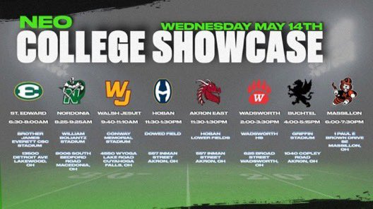CFallsFootball's tweet image. 🏈HS Showcases CFB Coaches won’t want to miss!

📅AKRON AREA SHOWCASES (Mon/Tues) leading right into a NEO SHOWCASE (Weds) featuring many other Akron area schools. 
[MON MAY 12th-WEDS MAY 14th]

⏰ TUES,  5/13 9:30am @ CVCA 

📍4687 Wyoga Lake Rd
Cuyahoga Falls, OH