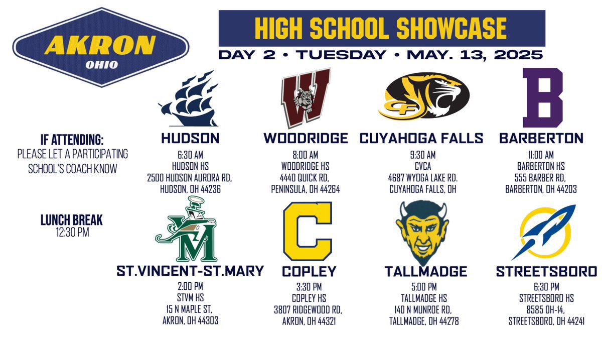 CFallsFootball's tweet image. 🏈HS Showcases CFB Coaches won’t want to miss!

📅AKRON AREA SHOWCASES (Mon/Tues) leading right into a NEO SHOWCASE (Weds) featuring many other Akron area schools. 
[MON MAY 12th-WEDS MAY 14th]

⏰ TUES,  5/13 9:30am @ CVCA 

📍4687 Wyoga Lake Rd
Cuyahoga Falls, OH
