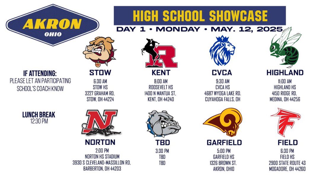 CFallsFootball's tweet image. 🏈HS Showcases CFB Coaches won’t want to miss!

📅AKRON AREA SHOWCASES (Mon/Tues) leading right into a NEO SHOWCASE (Weds) featuring many other Akron area schools. 
[MON MAY 12th-WEDS MAY 14th]

⏰ TUES,  5/13 9:30am @ CVCA 

📍4687 Wyoga Lake Rd
Cuyahoga Falls, OH