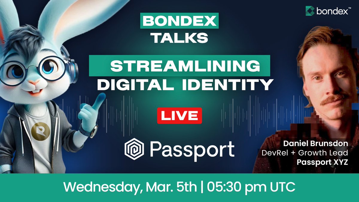 bondexapp's tweet photo. 🆔 Streamlining Digital Identity 🪪

📅 March 5th at 5:30 PM UTC

👉🏼 Join our next 𝑩𝒐𝒏𝒅𝒆𝒙 𝑻𝒂𝒍𝒌𝒔 with @lebraat, Developer and Customer Success of @HumnPassport! 

We’ll explore digital identity, decentralized access, and streamlined reputation systems. ⬇️⬇️⬇️ https://t.co/Fy1INbXdWa