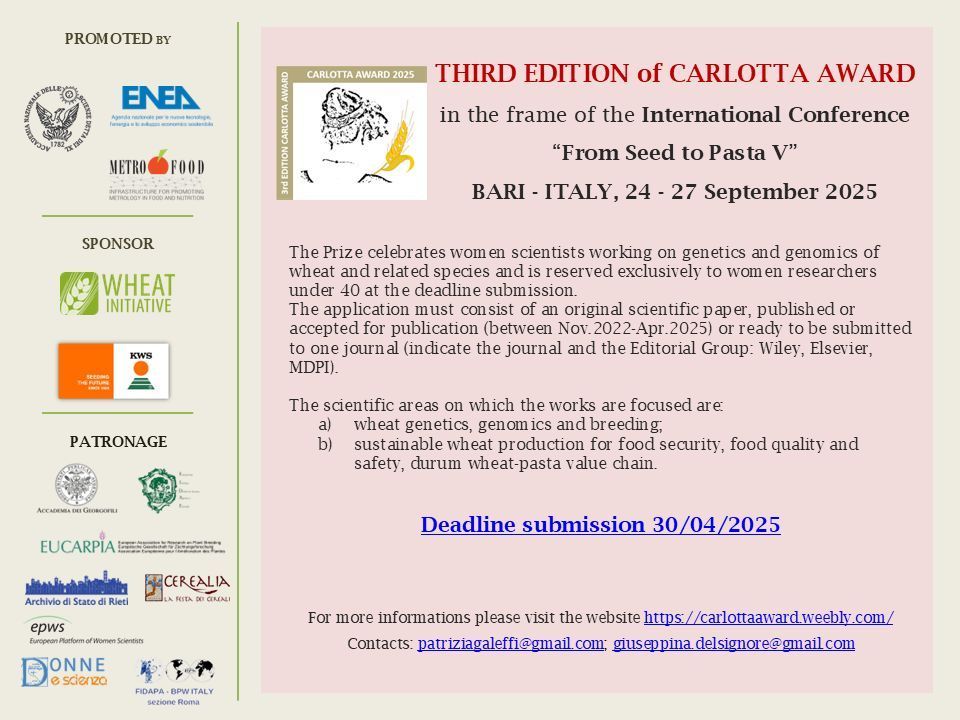 Wheat Initiative (@wheatinitiative) on Twitter photo The <a href="/WheatInitiative/">Wheat Initiative</a> is proud to be part of the third edition of the International prize "Carlotta Award 2025" for female researchers under 40. buff.ly/Ty2uYng The <a href="/WheatInitiative/">Wheat Initiative</a> is proud to be part of the third edition of the International prize "Carlotta Award 2025" for female researchers under 40. buff.ly/Ty2uYng