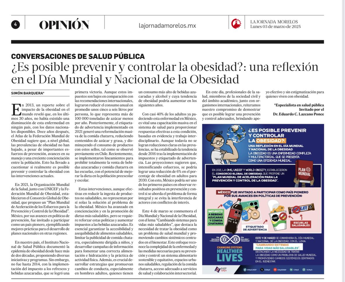 Eduardo Lazcano Ponce (@elazcanoponce) on Twitter photo Les comparto la opinión del Dr. <a href="/SBarquera/">Dr. Simón Barquera</a>, director del <a href="/1CINyS/">CINyS - INSP</a>, apropósito del Día Nacional y Mundial de la Obesidad.
lajornadamorelos.mx/opinion/conver… Les comparto la opinión del Dr. <a href="/SBarquera/">Dr. Simón Barquera</a>, director del <a href="/1CINyS/">CINyS - INSP</a>, apropósito del Día Nacional y Mundial de la Obesidad.
lajornadamorelos.mx/opinion/conver…