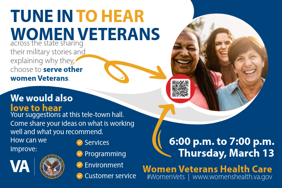 Attention women Veterans!! The VISN 15 Women Veteran Tele-Town Hall on will be held on Thursday, March 13, 2025 from 6-7 p.m. Contact Kimberly Davis, Women Veterans’ Program Manager, at 618-997-7696, Option 3, if you have questions!