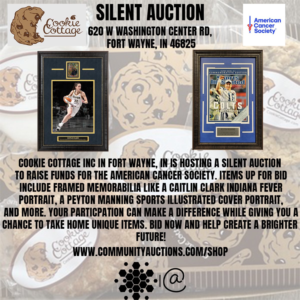 Comm_Auctions's tweet photo. Join us at Cookie Cottage Inc for a special Silent Auction! 🎉 Bid on exclusive photos of sports, music &amp; movie legends—all for the @AmericanCancer  Every bid counts! 🏆📸

📍 620 W Washington Center Rd, Fort Wayne, IN

#Collectibles #CaitlinClark #IndianaFever #PeytonManning https://t.co/J3Q5QwfxMo