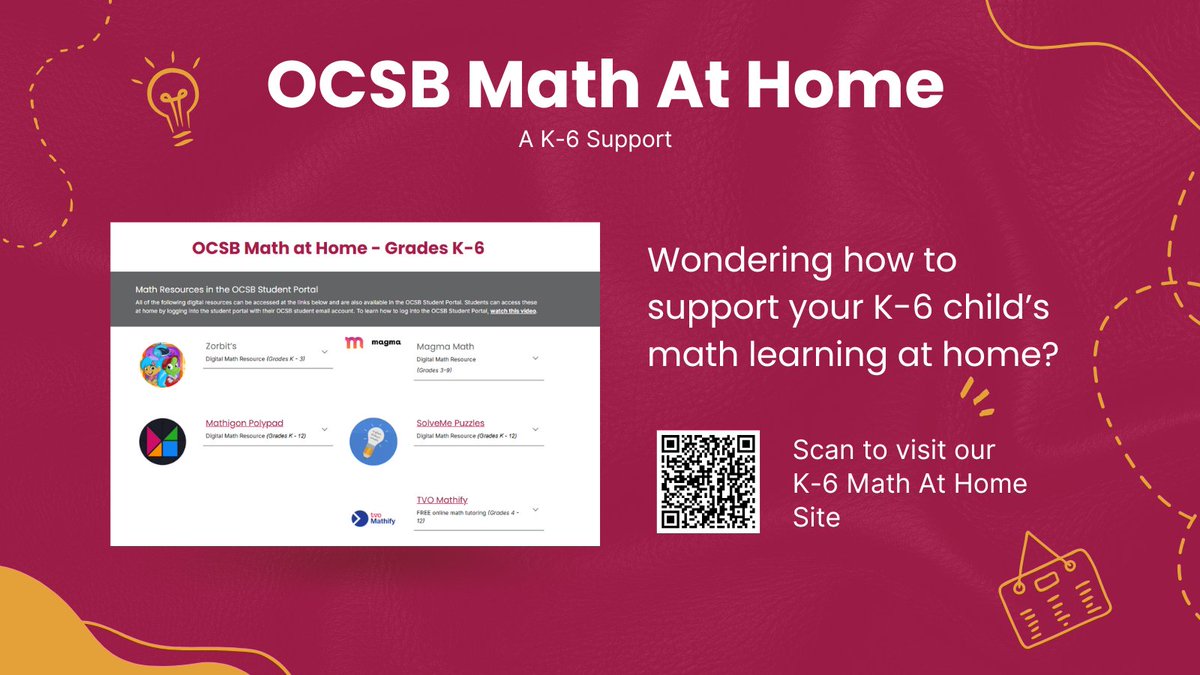 Victoria Wang (@vwang001) on Twitter photo Now that Term 2 is under way, are you wondering how you can support your K-6 child's math learning at home? The <a href="/OttCatholicSB/">Ottawa Catholic School Board</a> has their OCSB Math At Home Website ready for families! Scan the QR code or visit bit.ly/3ze6YvG <a href="/P_Luxton/">Patti Luxton (she/her)</a> <a href="/MsCathrynWake/">Cathryn Wake</a>
#ocsbMath #ocsb Now that Term 2 is under way, are you wondering how you can support your K-6 child's math learning at home? The <a href="/OttCatholicSB/">Ottawa Catholic School Board</a> has their OCSB Math At Home Website ready for families! Scan the QR code or visit bit.ly/3ze6YvG <a href="/P_Luxton/">Patti Luxton (she/her)</a> <a href="/MsCathrynWake/">Cathryn Wake</a>
#ocsbMath #ocsb