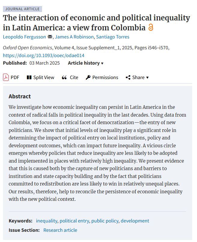 Economía Uniandes (@economiauandes) on Twitter photo 🔹 The Interaction of #Economic and #Political #Inequality in Latin America: a view from #Colombia. <a href="/LeopoldoTweets/">Leopoldo Fergusson</a>, James A. Robinson & <a href="/STorresPaz/">Santiago Torres Paz</a>. 📖➡️ bit.ly/43fGAP1 🔹 The Interaction of #Economic and #Political #Inequality in Latin America: a view from #Colombia. <a href="/LeopoldoTweets/">Leopoldo Fergusson</a>, James A. Robinson & <a href="/STorresPaz/">Santiago Torres Paz</a>. 📖➡️ bit.ly/43fGAP1