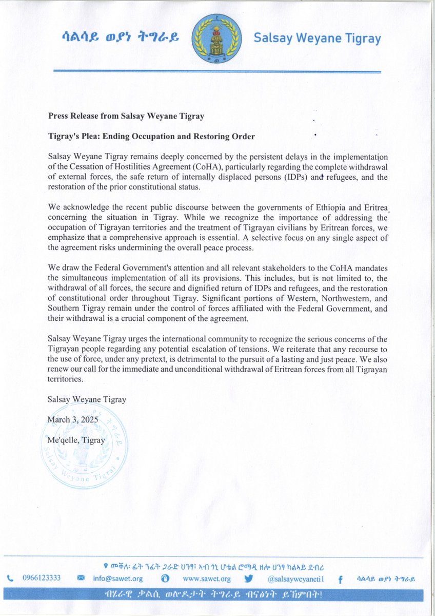 salsayweyaneti1's tweet photo. While we recognize the importance of addressing the occupation of Tigrayan territories and the treatment of Tigrayan civilians by Eritrean forces, we emphasize that a comprehensive approach is essential. https://t.co/6dUlH8KUBx