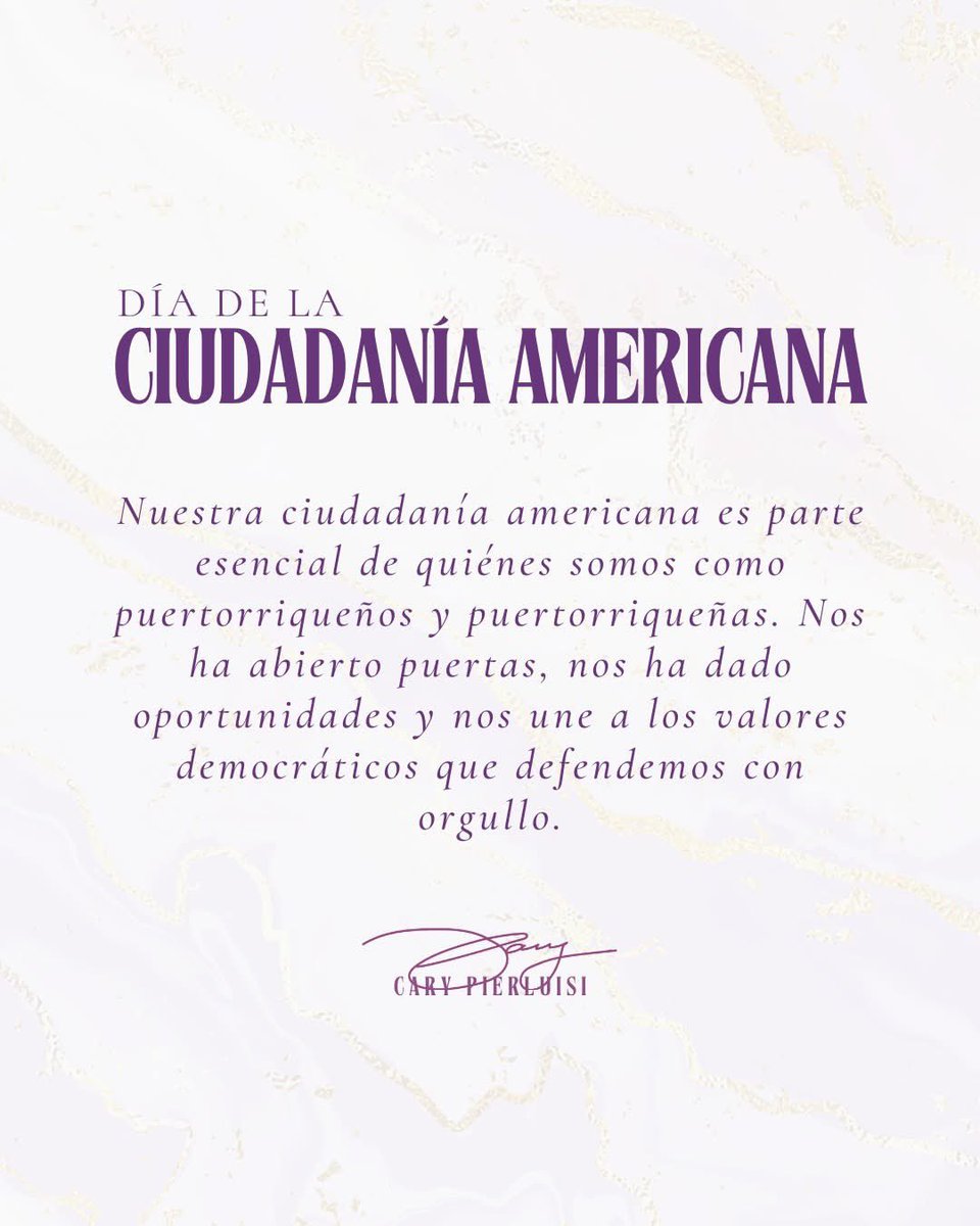 Cary Pierluisi (@pierluisicary) on Twitter photo La ciudadanía americana nos ha otorgado derechos, oportunidades y nos une a los valores de la democracia. Para Puerto Rico, ha sido y sigue siendo parte esencial de nuestra historia y de nuestro futuro hacia la igualdad plena. ¡Feliz Día de la Ciudadanía Americana! 🇺🇸🇵🇷 La ciudadanía americana nos ha otorgado derechos, oportunidades y nos une a los valores de la democracia. Para Puerto Rico, ha sido y sigue siendo parte esencial de nuestra historia y de nuestro futuro hacia la igualdad plena. ¡Feliz Día de la Ciudadanía Americana! 🇺🇸🇵🇷