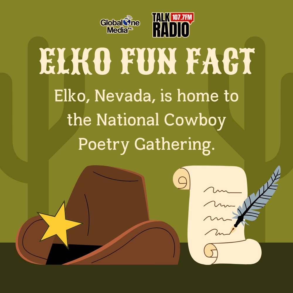 TalkRadio1077's tweet photo. Fun Fact: Elko, Nevada, is home to the National Cowboy Poetry Gathering! Every year, cowboys, ranchers, and poets from all over come together to celebrate the rich traditions of the American West through storytelling, music, and, of course, poetry. 🤠🖌️#ElkoFunFact https://t.co/ciFmVDyRZX