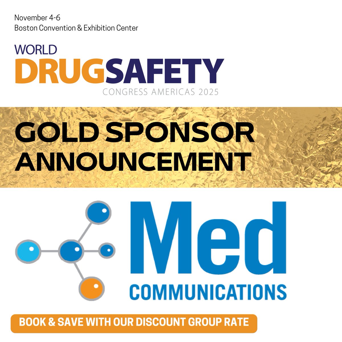 WDS_event's tweet photo. 🏆 #WorldDrugSafety is excited to welcome @MEDCommInc as a Gold Sponsor of our 2025 show!

Founded in a University setting, Med Communications bring over 25 years of experience in providing high-quality solutions tailored to their clients' needs – with specialized services including #pharmacovigilance, medical information contact centers, scientific communications, medical and promotional review, and regulatory writing. 🤝✅

Meet the Med Communications team on our expo floor this fall to learn more about their commitment to excellence and how they help pharmaceutical, biotechnology, and medical device companies navigate the complexities of the healthcare landscape. 𝘚𝘦𝘤𝘶𝘳𝘦 𝘺𝘰𝘶𝘳 𝘴𝘱𝘰𝘵 𝘣𝘦𝘭𝘰𝘸!

👉 𝐑𝐞𝐠𝐢𝐬𝐭𝐞𝐫 𝐲𝐨𝐮𝐫 𝐭𝐞𝐚𝐦 𝐰𝐢𝐭𝐡 𝐨𝐮𝐫 𝐝𝐢𝐬𝐜𝐨𝐮𝐧𝐭 𝐠𝐫𝐨𝐮𝐩 𝐫𝐚𝐭𝐞 𝐚𝐧𝐝 𝐬𝐚𝐯𝐞: https://t.co/mUjwHNr8K3
👉 𝐅𝐫𝐞𝐞 𝐩𝐚𝐬𝐬𝐞𝐬 𝐚𝐯𝐚𝐢𝐥𝐚𝐛𝐥𝐞 𝐟𝐨𝐫 𝐩𝐡𝐚𝐫𝐦𝐚 𝐚𝐧𝐝 𝐛𝐢𝐨𝐭𝐞𝐜𝐡 𝐚𝐟𝐟𝐢𝐥𝐢𝐚𝐭𝐞𝐝 𝐒𝐌𝐄𝐬, 𝐚𝐜𝐚𝐝𝐞𝐦𝐢𝐚, 𝐚𝐧𝐝 𝐡𝐨𝐬𝐩𝐢𝐭𝐚𝐥 𝐫𝐞𝐩𝐫𝐞𝐬𝐞𝐧𝐭𝐚𝐭𝐢𝐯𝐞𝐬 𝐡𝐞𝐫𝐞: https://t.co/UkmpZEXvun

Our expo floor is almost sold out! ⚠️ 𝐈𝐧𝐪𝐮𝐢𝐫𝐞 𝐭𝐨𝐝𝐚𝐲 𝐭𝐨 𝐬𝐞𝐜𝐮𝐫𝐞 𝐨𝐧𝐞 𝐨𝐟 𝐨𝐮𝐫 𝐟𝐞𝐰 𝐫𝐞𝐦𝐚𝐢𝐧𝐢𝐧𝐠 𝐛𝐨𝐨𝐭𝐡 𝐬𝐩𝐚𝐜𝐞𝐬: https://t.co/yoIGy980GV

Want to learn more about opportunities to get involved❓𝐃𝐨𝐰𝐧𝐥𝐨𝐚𝐝 𝐨𝐮𝐫 𝟐𝟎𝟐𝟓 𝐬𝐩𝐨𝐧𝐬𝐨𝐫𝐬𝐡𝐢𝐩 𝐛𝐫𝐨𝐜𝐡𝐮𝐫𝐞 𝐟𝐨𝐫 𝐟𝐫𝐞𝐞 𝐭𝐨𝐝𝐚𝐲: https://t.co/8SjMVLJKec