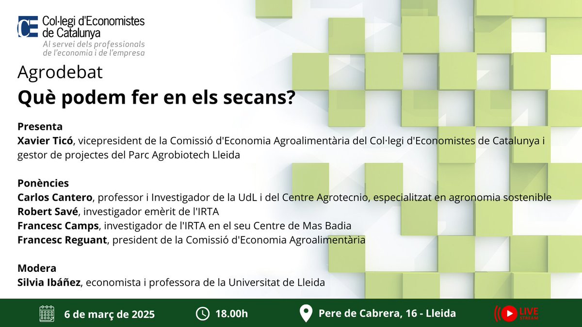 💧🌱L'aigua és un recurs crític per a la vida i l'alimentació humana cada cop més escàs, que afecta especialment els territoris de secà.

En parlarà la Comissió d'Economia Agroalimentària en un nou agrodebat a <a href="/economistescat/">Col·legi d'Economistes de Catalunya</a> a Lleida.

🔗 No t'ho perdis! tinyurl.com/47zfxcyf