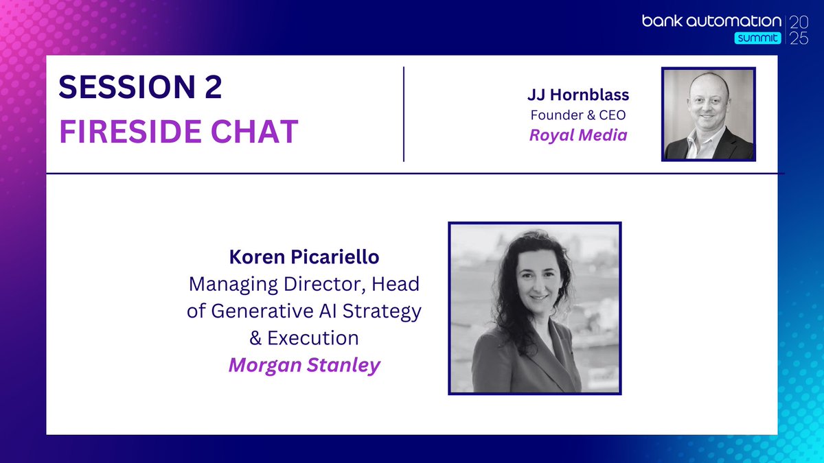 FinAi_News's tweet photo. 🔥 Time for a Fireside Chat with Morgan Stanley
Generative AI is changing banking—what’s next? Join Koren Picariello, Head of Generative AI Strategy & Execution at @MorganStanley, for an exclusive discussion on AI trends and investments. #BAS25 #AIInnovation https://t.co/OiKfS2somv