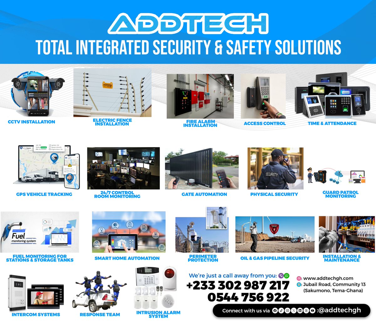 AddtechLiberia's tweet image. From CCTV installation to smart home automation, fire alarms, GPS tracking, and more, we’ve got you covered! ✅

📍 24/7 monitoring &amp;amp; response services
📍 Advanced technology for ultimate protection

 Contact us today:
📞 +233 302 987 217 | 0544 756 922
🌍 addtechgh.com