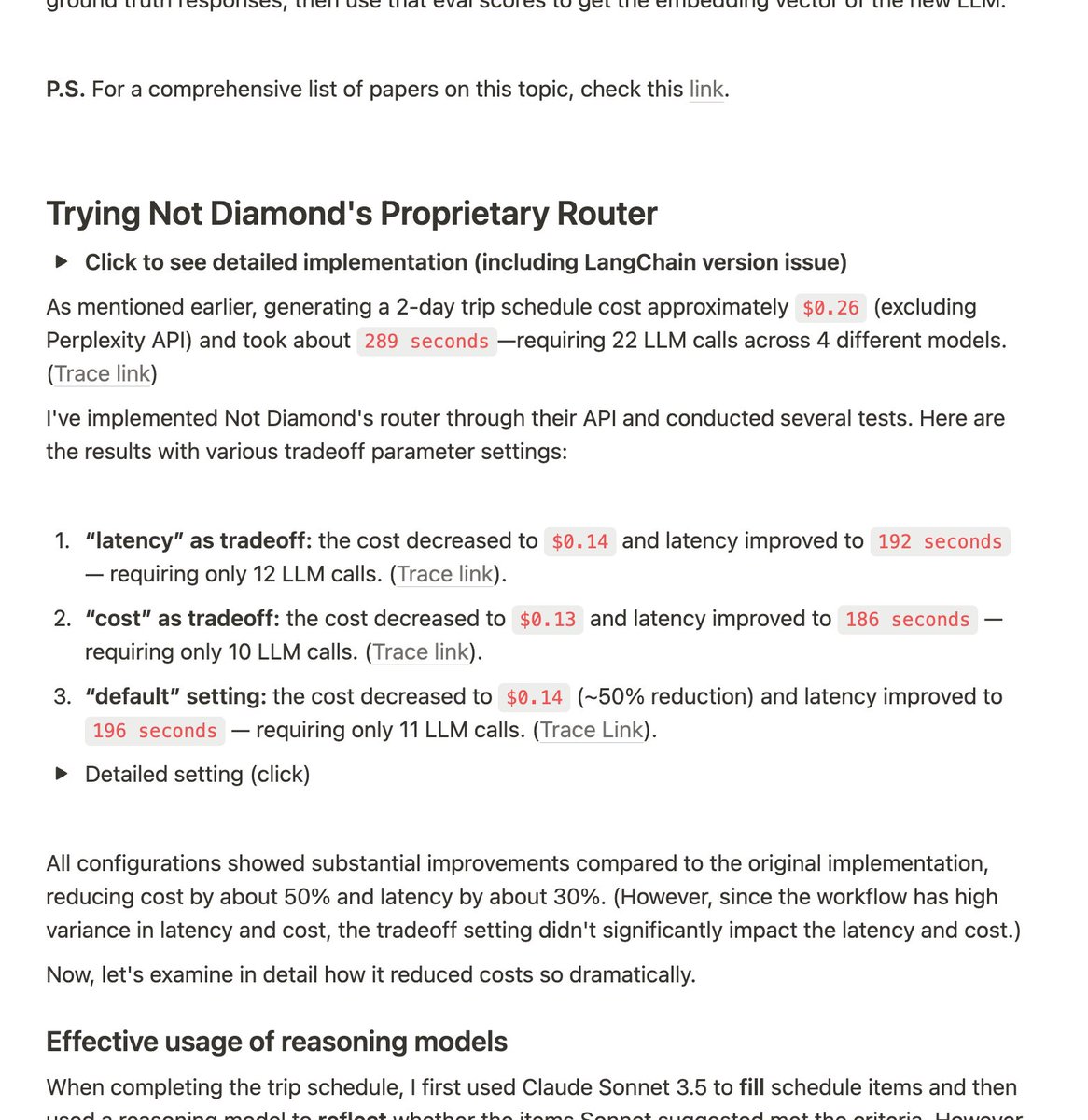 Really nice technical blog post from <a href="/JungMinki7/">Minki</a> surveying the model routing landscape, from Automix to RouteLLM to Not Diamond. Cool to see we helped Minki cut his trip-planning AI's cost by 50% and latency by 30%: minkijung.notion.site/Automatic-mode…
