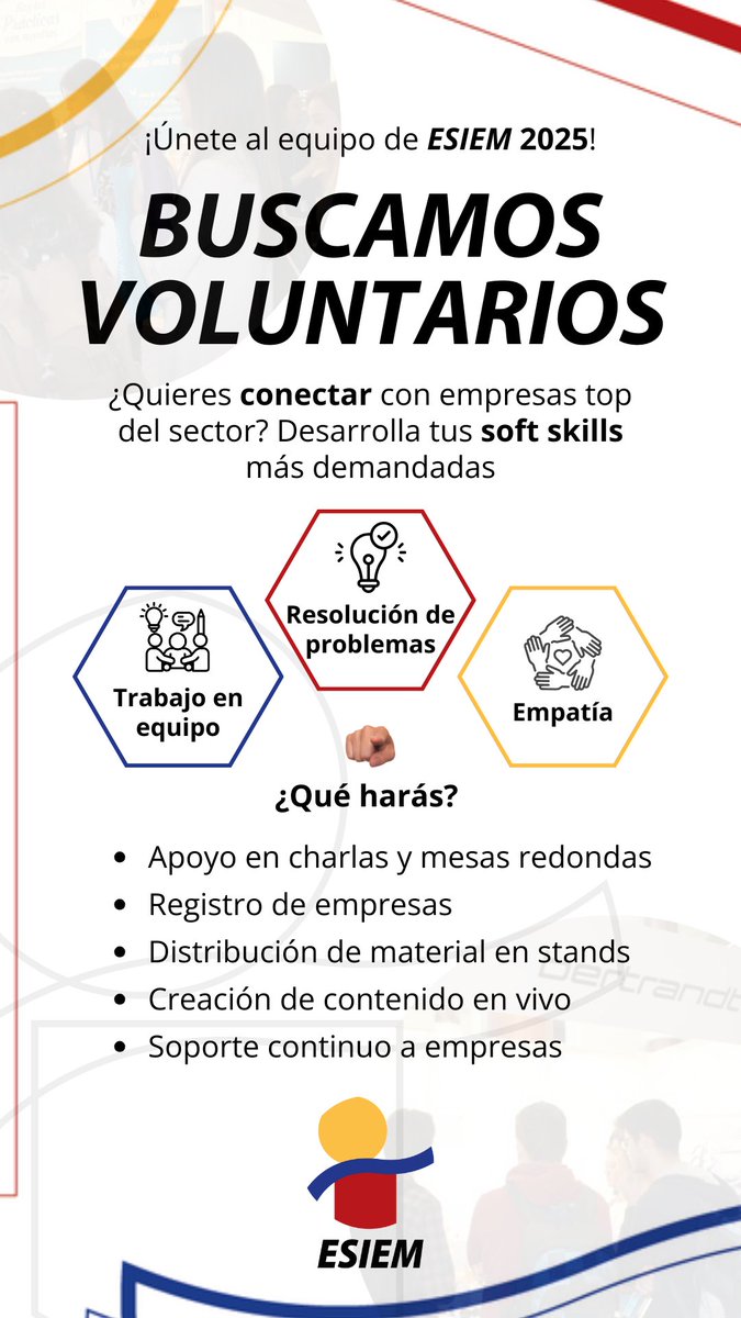 esiem_etsi's tweet photo. 🚀 ¡Haz historia en #ESIEM2025! 🎉

Buscamos voluntarios para el mayor encuentro entre estudiantes y empresas. 💼✨

👩🏻‍🎓 Para alumnos de Grado o Máster de la @ETSIngenieria 👈🏻

🔗 Inscríbete aquí: https://t.co/Pn4Zwhg4GB

¡Forma parte de la experiencia!🔥 #Ingeniería #Voluntario https://t.co/hj2Xe70K58