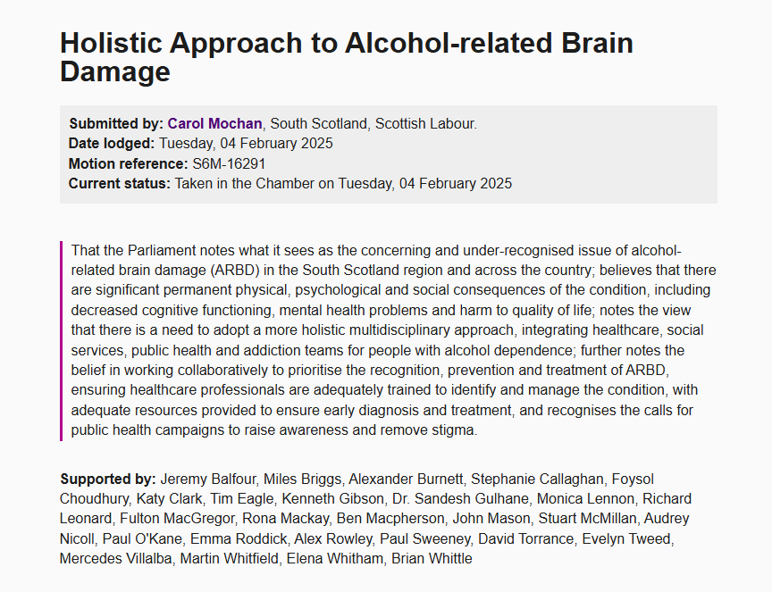 SHAAP (@shaapalcohol) on Twitter photo 👏Thank you <a href="/CMochan/">Carol Mochan MSP</a> for bringing this Members' Business to <a href="/ScotParl/">Scottish Parliament</a>
Alcohol-related brain damage (ARBD) is an umbrella term used to describe the damage that can happen to the brain as a result of long-term heavy drinking.
📺Watch tomorrow afternoon: scottishparliament.tv 👏Thank you <a href="/CMochan/">Carol Mochan MSP</a> for bringing this Members' Business to <a href="/ScotParl/">Scottish Parliament</a>
Alcohol-related brain damage (ARBD) is an umbrella term used to describe the damage that can happen to the brain as a result of long-term heavy drinking.
📺Watch tomorrow afternoon: scottishparliament.tv