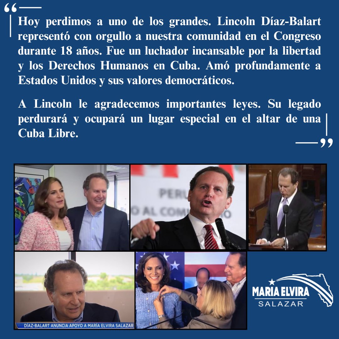 Es un día muy triste para Miami. Lincoln Díaz-Balart abrió el camino para quienes hoy seguimos su trabajo en el Congreso. Mi abrazo para Mario, sus hermanos, familiares y amigos. 

¡Descansa en paz, Lincoln!