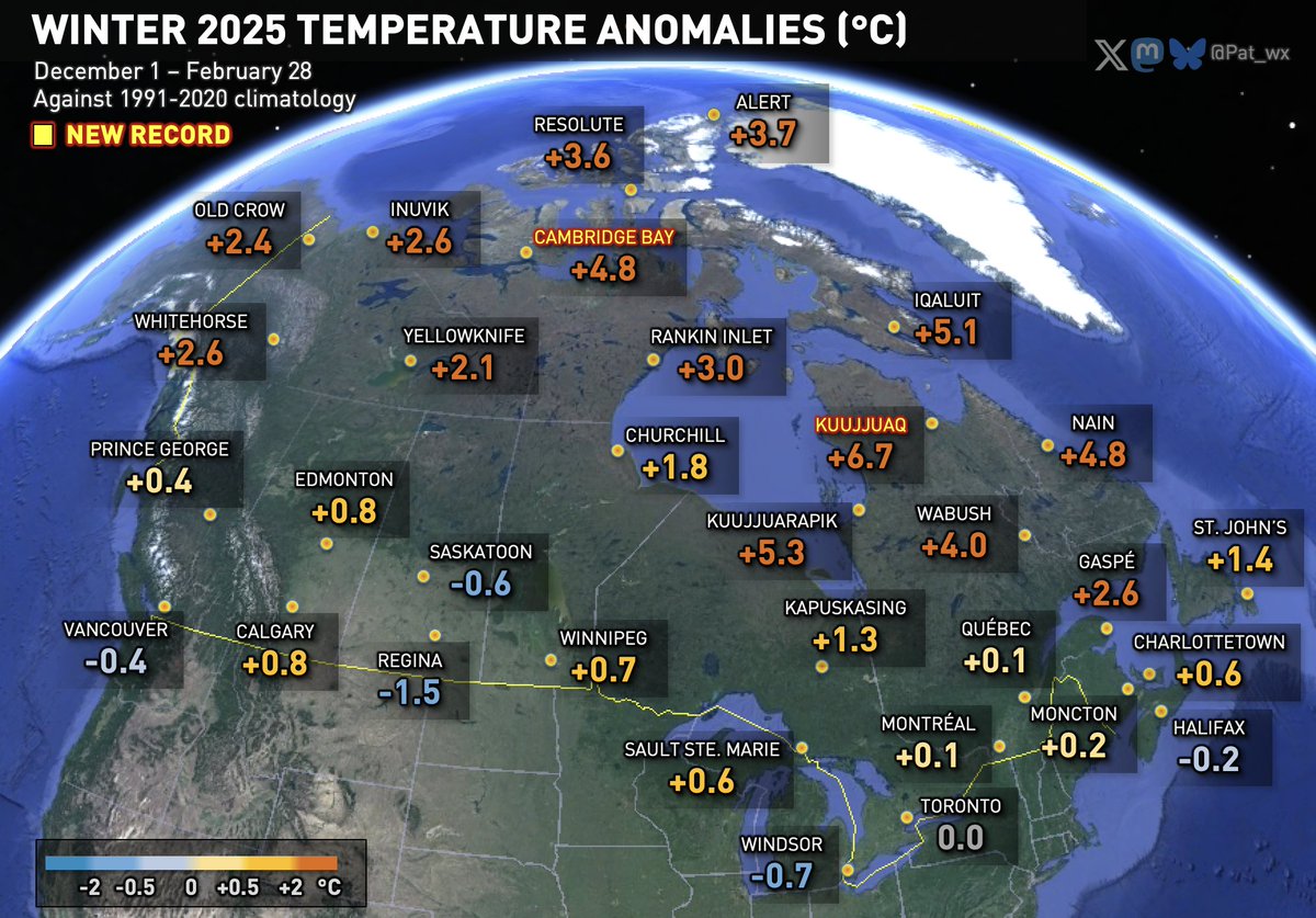 Pat_wx's tweet photo. Meteorological winter 2025 was overall near normal for Southern QC and ON and most of the Maritimes, colder than normal in parts of the Prairies, and broadly much above normal in northern Canada. #wxtwitter https://t.co/6MNOhVa45i