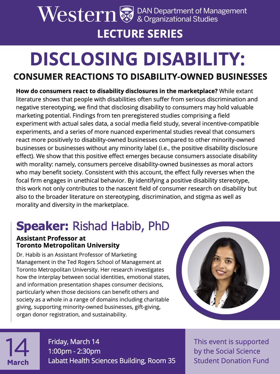 Join us on Friday, March 14th for a talk with Dr. Rishad Habib “Disclosing Disability: Consumer Reactions to Disability-owned Businesses”