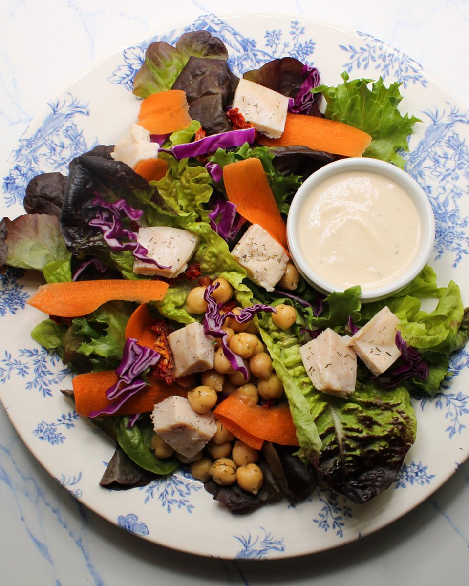 Our lemon tarragon salad with chicken is a healthy mix of chickpeas, cabbage, carrots, and sunflower seeds! Chickpeas are high in fiber, vitamins and minerals such as folate, iron, and zinc!