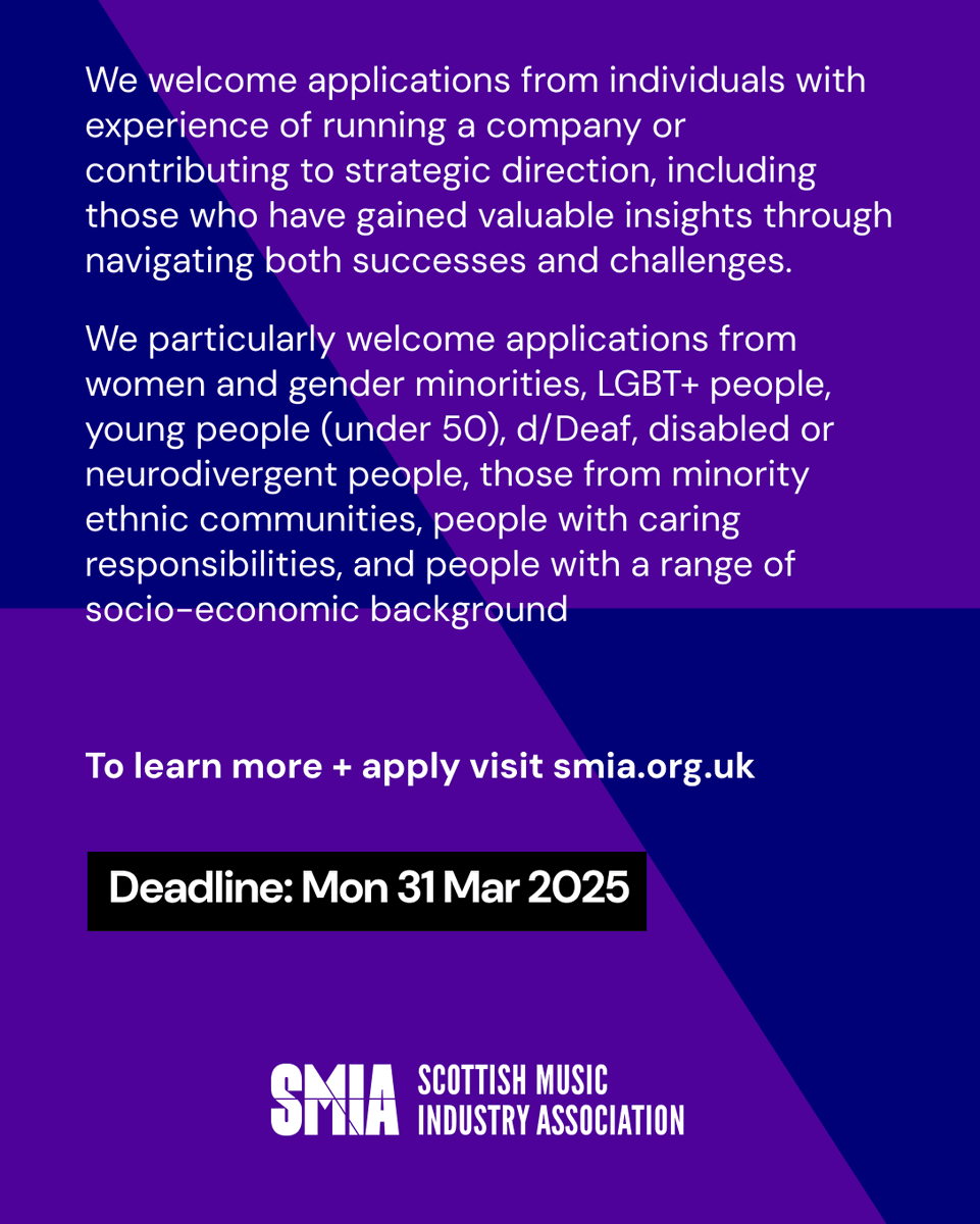 We are seeking passionate and skilled individuals to join our Company Board as Non-Executive Directors. Help us shape the future of both the SMIA and Scotland’s music industry, contributing to their sustainability growth.

Deadline: Mon 31 Mar 2025

🔗  bit.ly/3QHygQE
