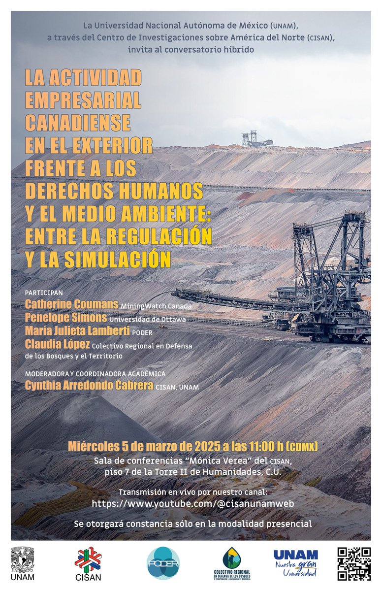🟠#CONVERSATORIO | La actividad empresarial canadiense en el exterior frente a los derechos humanos y el medio ambiente: entre la regulación y la simulación.

🗓️Mie, 5 mar
⏰11 am🇲🇽
📍Piso 7, Torre II Humanidades, <a href="/UNAM_MX/">UNAM</a> 
📺youtube.com/user/cisanunam…