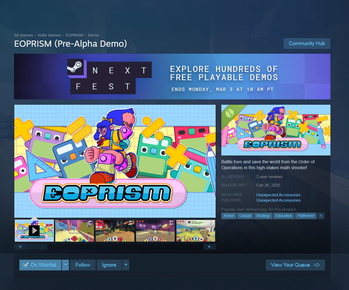 Today is the last day to play EOPRISM's demo on the Steam Next Fest! ⏳️

Come check it out and support us by wishlisting! All while using some of that old school Alegbra! 

store.steampowered.com/app/3553220/EO…

#SteamNextFest #indie #gamedev #videogames #demo #educational