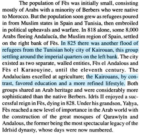 Tunisianesque's tweet image. Quand la civilisation ifrīqiyenne irrigua Fès, ancienne capitale du Maroc 🇹🇳🇲🇦 !

« les Kairouanais [de Fès] favorisèrent l’éducation et un style de vie plus raffiné »

L’historien marocain al-Marrākushī reconnaîtra d’ailleurs lui-même que Fès a « hérité du savoir de Kairouan ».