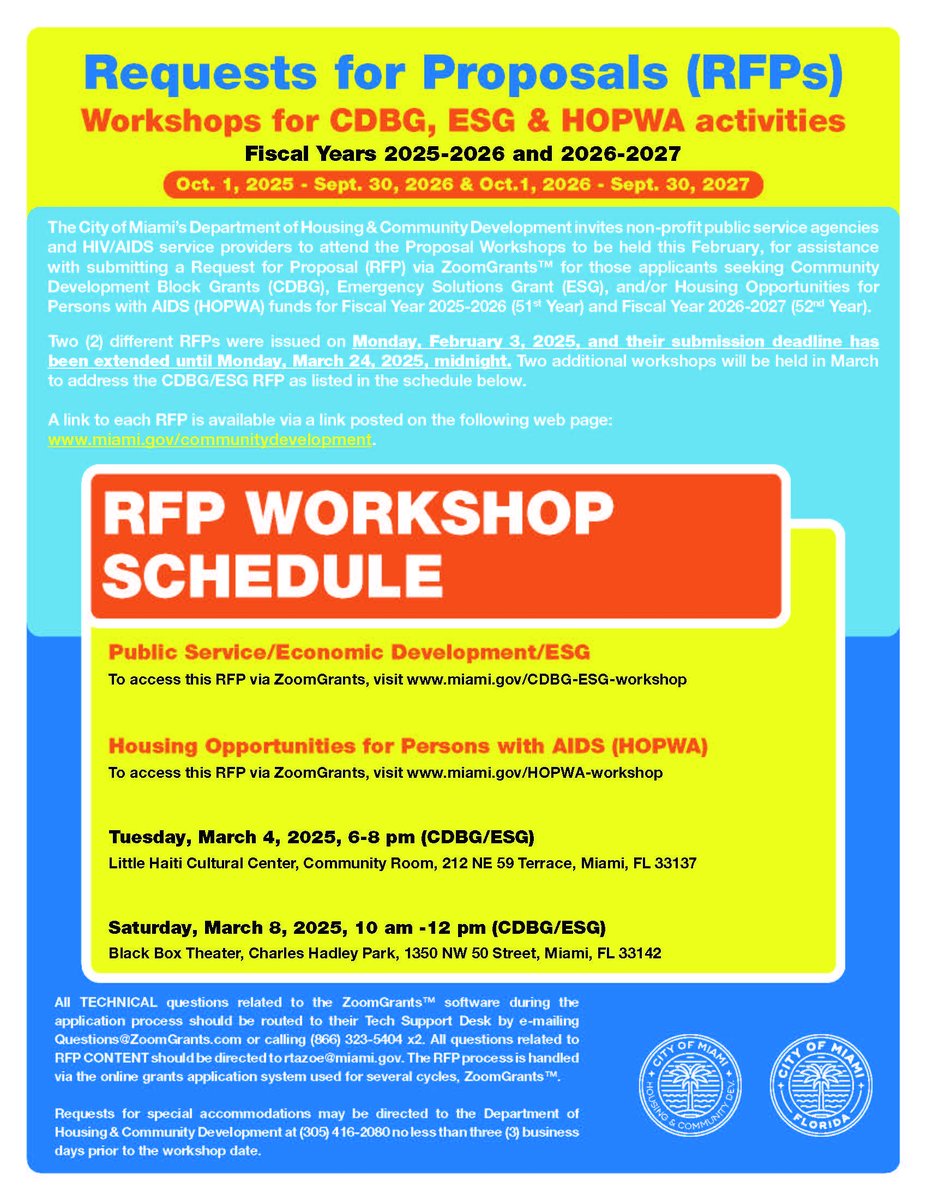 CityofMiamiHCD (@cityofmiamihcd) on Twitter photo The deadline has been extended until Mon., 3/24 for responses to the two Requests for Proposals (RFPs) issued on 2/3, for non-profits/service providers seeking to apply for <a href="/CityofMiami/">City of Miami</a> CDBG/ESG or HOPWA funding in FY26-27, FY27-28. Details below or at bit.ly/4kqV30v The deadline has been extended until Mon., 3/24 for responses to the two Requests for Proposals (RFPs) issued on 2/3, for non-profits/service providers seeking to apply for <a href="/CityofMiami/">City of Miami</a> CDBG/ESG or HOPWA funding in FY26-27, FY27-28. Details below or at bit.ly/4kqV30v