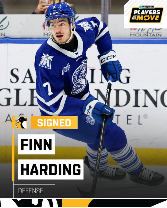 Photo of Finn Harding in a Brampton Steelheads jersey on the ice with text that reads "signed."