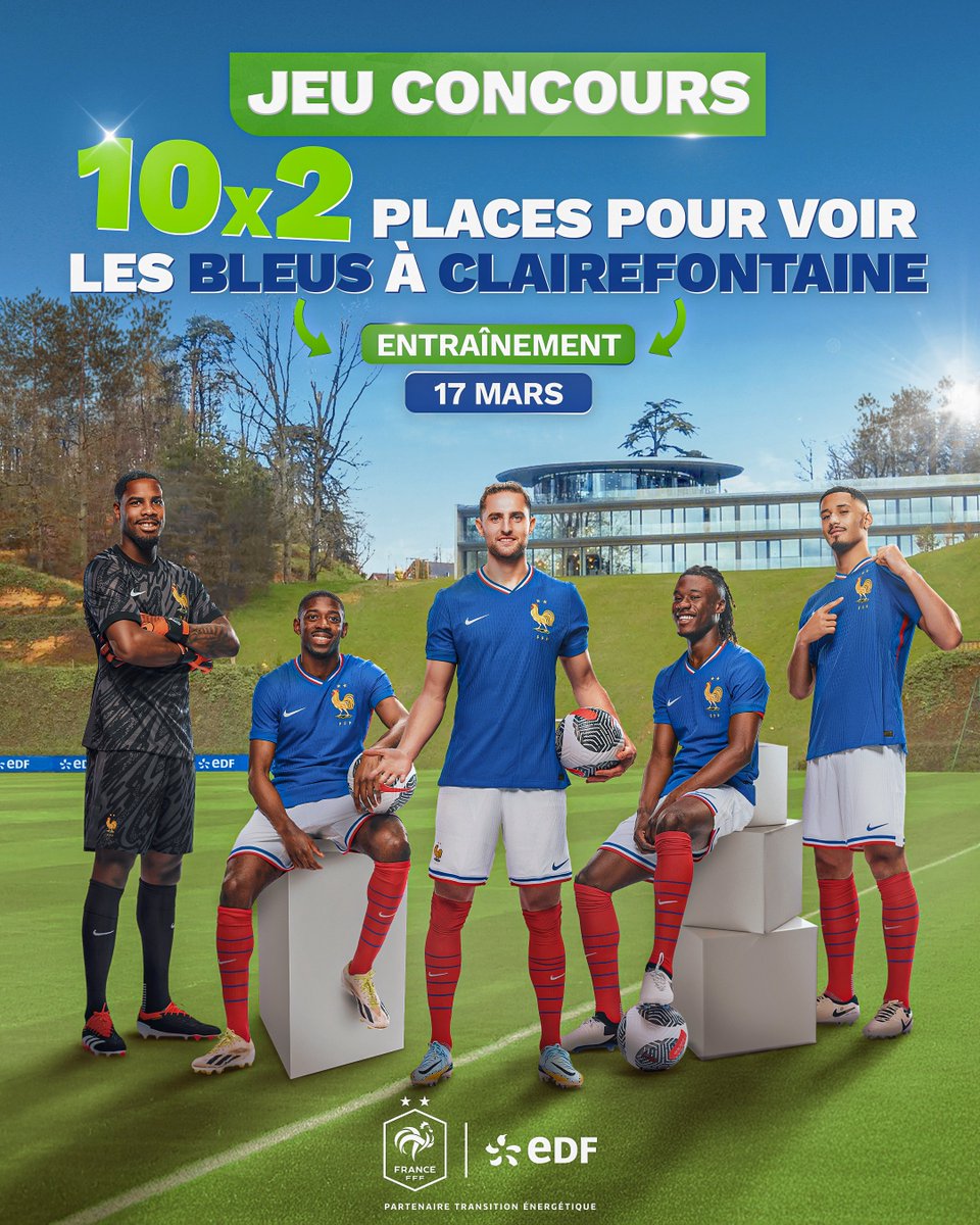 EDF_Foot's tweet image. 🎟 JEU CONCOURS 🎟

Pour célébrer la première des Bleus en 2025, nous vous offrons 10 x 2 places pour assister à leur entraînement à Clairefontaine le 17 mars ! 🏟🔥

Pour participer :
1️⃣ RT ce tweet
2️⃣ Abonnez-vous à @energiedufoot