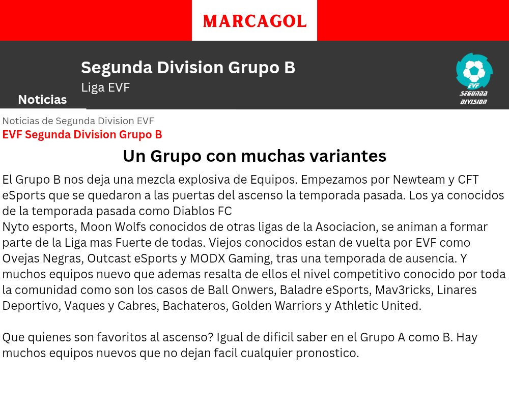 EVF 2A DIVISIÓN GRUPO B
<a href="/Athl3tic_United/">Athletic United eSports</a> 
<a href="/Bachateros98869/">Bachateros Fc</a> 
<a href="/BallOwners2024/">HERCULES CF eSports</a> 
<a href="/BaladreSports/">Baladre eSports</a> 
<a href="/DiablosFC24/">DiablosFC</a> 
@LinaresEsports 
<a href="/MV3United/">Mav3ricks Esports Club</a> 
<a href="/MoonWolfsports/">Moon Wolf eSports</a> 
@NewteameSports_ 
<a href="/Nyto_eSports/">Nyto eSports ❤️ 🖤</a> 
<a href="/eSportsOUT_/">Outcast eSports</a> 
<a href="/OvejasNegrasCf/">Ovejas Negras CF</a> 
<a href="/VaquesYCabres/">Vaques y Cabres</a> 
<a href="/VFT_eSports/">VFT e-Sports</a> 
<a href="/G0LDENWARRIORS/">GOLDEN WARRIORS</a>