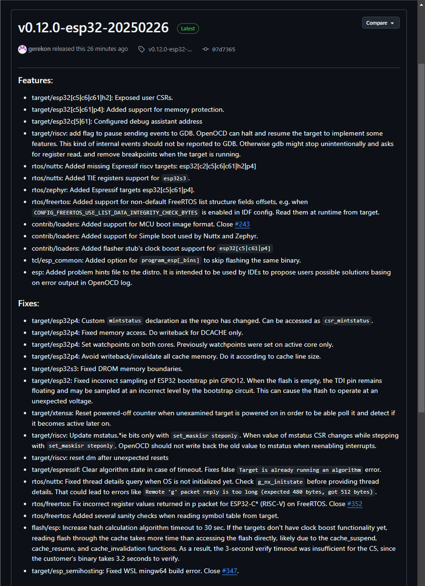 gojimmypi's tweet image. #Espressif ESP32 #OpenOCD update 
v0.12.0-esp32-20250226
Cool new features, interesting fixes.