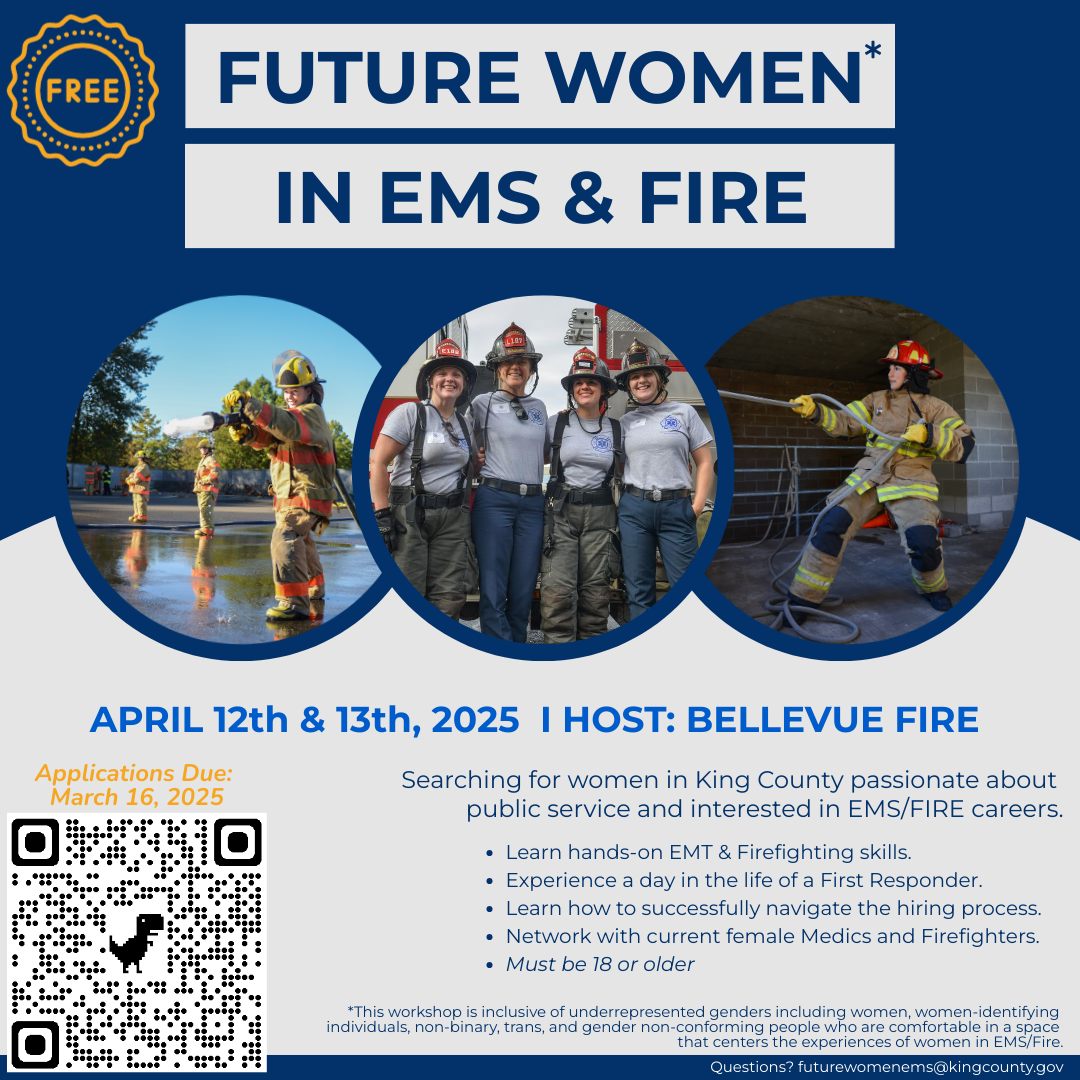 Bothell Fire Department (@bothellfire) on Twitter photo 🚒🚨Are you a woman in King County interested in pursuing a career in EMS or firefighting? Join us for an exciting FREE hands-on workshop hosted by Bellevue Fire on April 12-13, 2025!
💻 Scan the QR code in the image or email futurewomenems@kingcounty.gov for more details! 🚒🚨Are you a woman in King County interested in pursuing a career in EMS or firefighting? Join us for an exciting FREE hands-on workshop hosted by Bellevue Fire on April 12-13, 2025!
💻 Scan the QR code in the image or email futurewomenems@kingcounty.gov for more details!