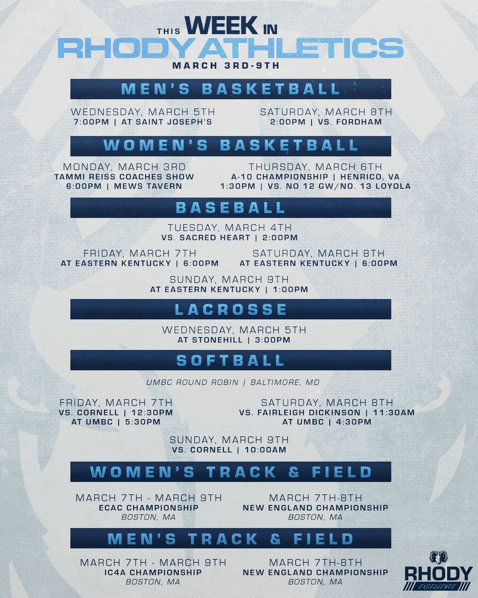 back with another busy week at Rhody! ⤵️🐏

<a href="/RhodyMBB/">Rhody MBB</a> <a href="/RhodyWBB/">Rhody WBB</a> <a href="/RhodyBaseball/">Rhody Baseball</a> <a href="/RhodyWLAX/">Rhode Island Women's Lacrosse</a> <a href="/RhodySoftball/">Rhode Island Softball</a> <a href="/URIWXCTF/">URI Women's XC/T&F</a> <a href="/RhodyMTrack/">Rhody Men's Track</a>