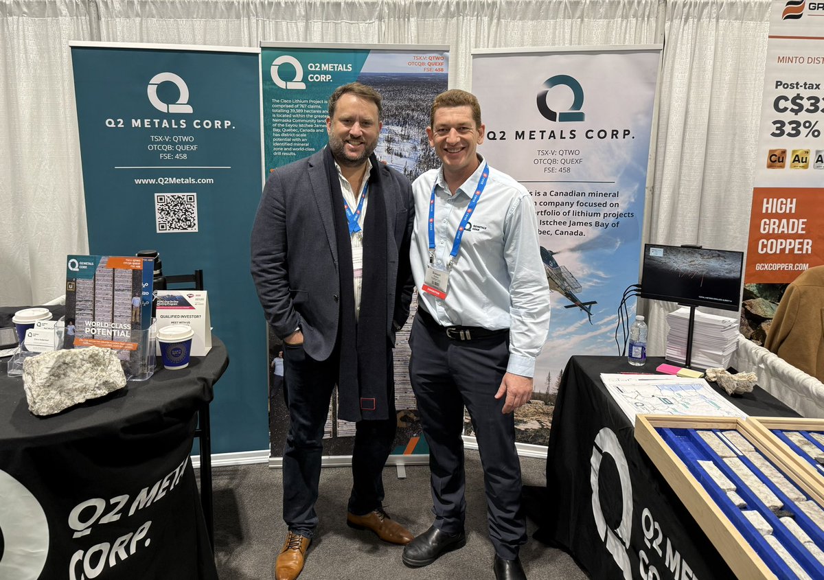 grantwechsel's tweet photo. Great to be at PDAC in Toronto and spend some time at the @Q2Metals booth with my mate and long time business partner Simon Cohn.

$QTWO are advancing the Cisco #lithium project in Quebec, Canada with winter drill program currently underway and plenty of cash at bank.  When the lithium price picks up and all eyes 👀 return to the lithium market, watch out for Q2 it is a globally significant discovery unfolding.
