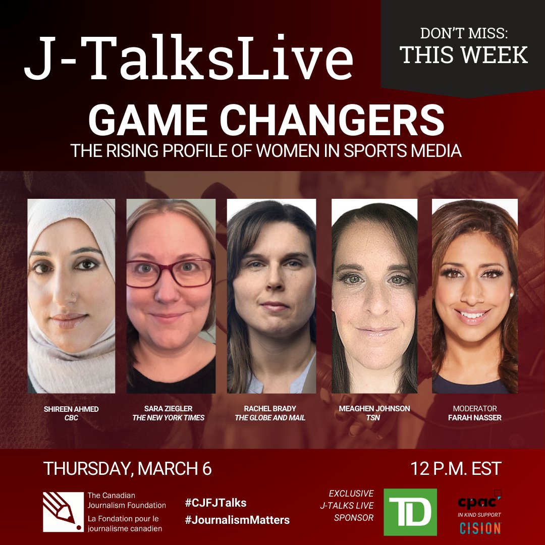 Happening this Thursday: 📢 2 in 3 Canadians are fans of women’s sports, yet coverage still lags behind. Join us for Game Changers: The Rising Profile of Women in Sports Media, a FREE #CJFJTalks virtual event. RSVP &amp; submit questions: app.vvc.live/register/lives… #SportsJournalism