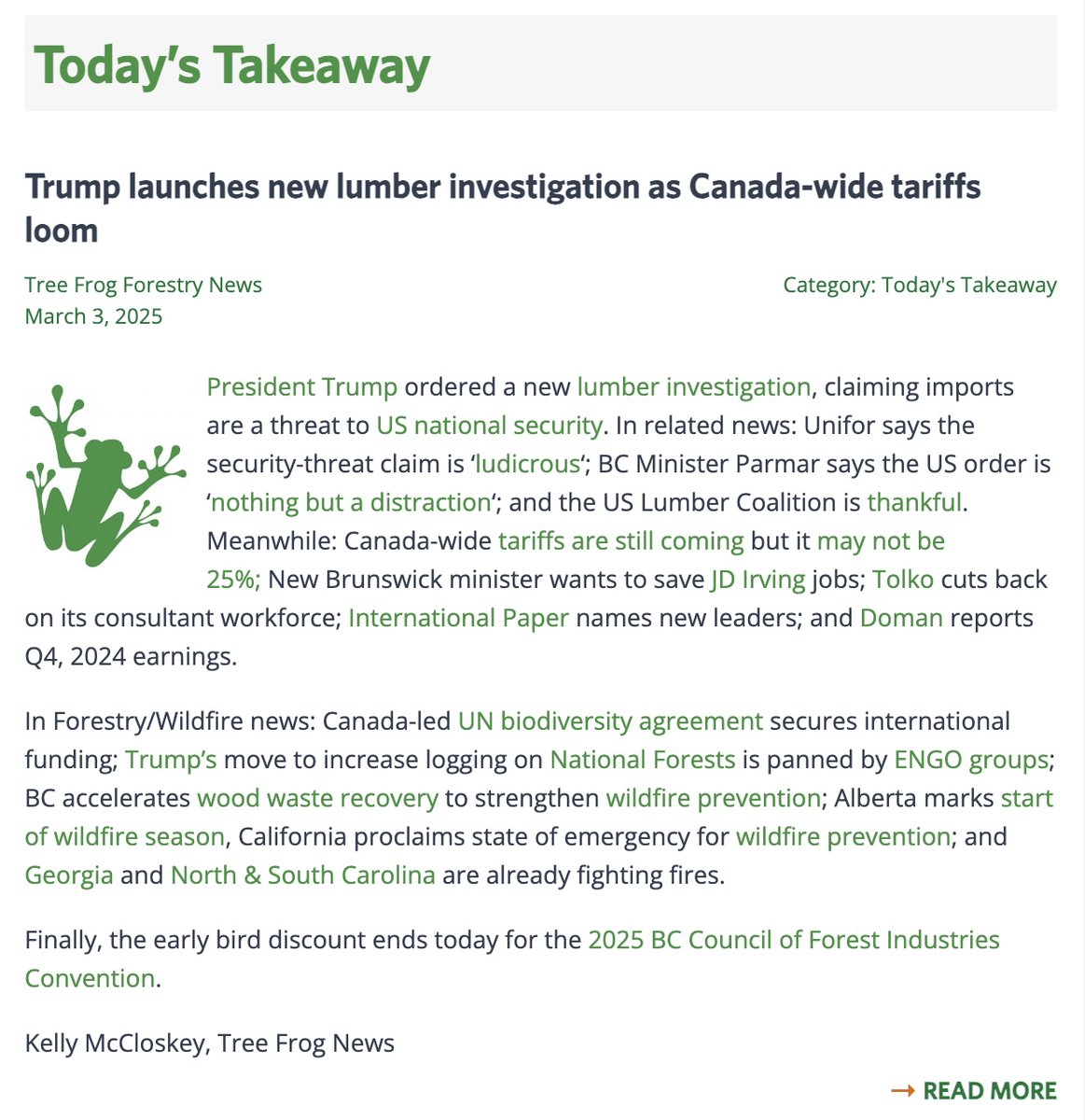 TreeFrogNews's tweet image. We have published the Tree Frog Forestry News for Monday, March 3. Here&apos;s the summary, click the link for the full list of stories and sources. treefrogcreative.ca/news/