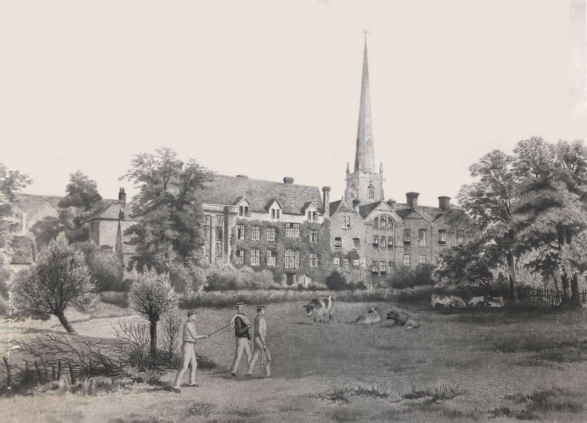 ReptonArchives's tweet image. The back of the Hall and Prior Overton's Tower, viewed from the field on the North bank of the Old Trent; one of many illustrations of Public Schools by Francis Philip Barraud 1824-1901.